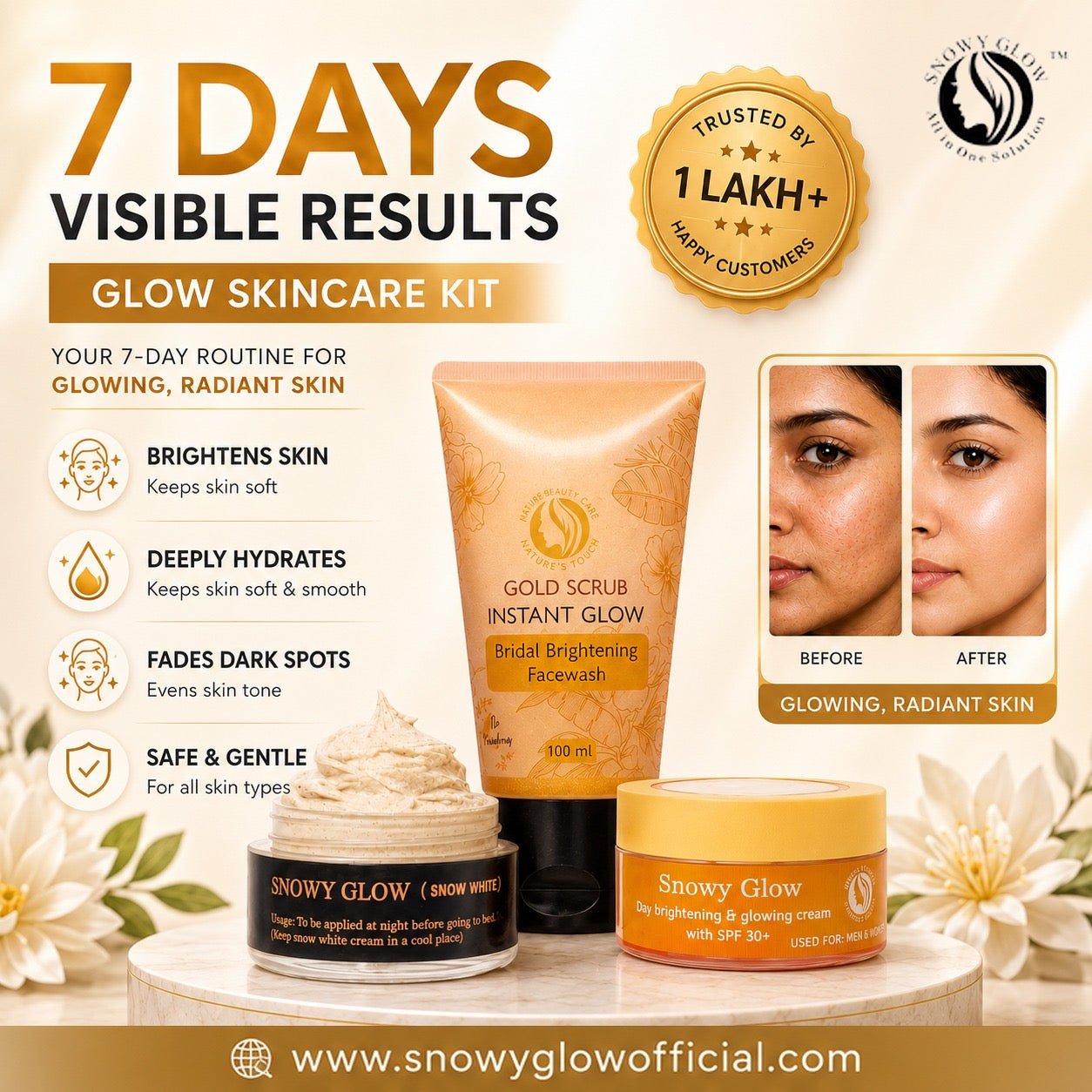 Night repair cream, 24k Gold Facewash, Day brightening cream